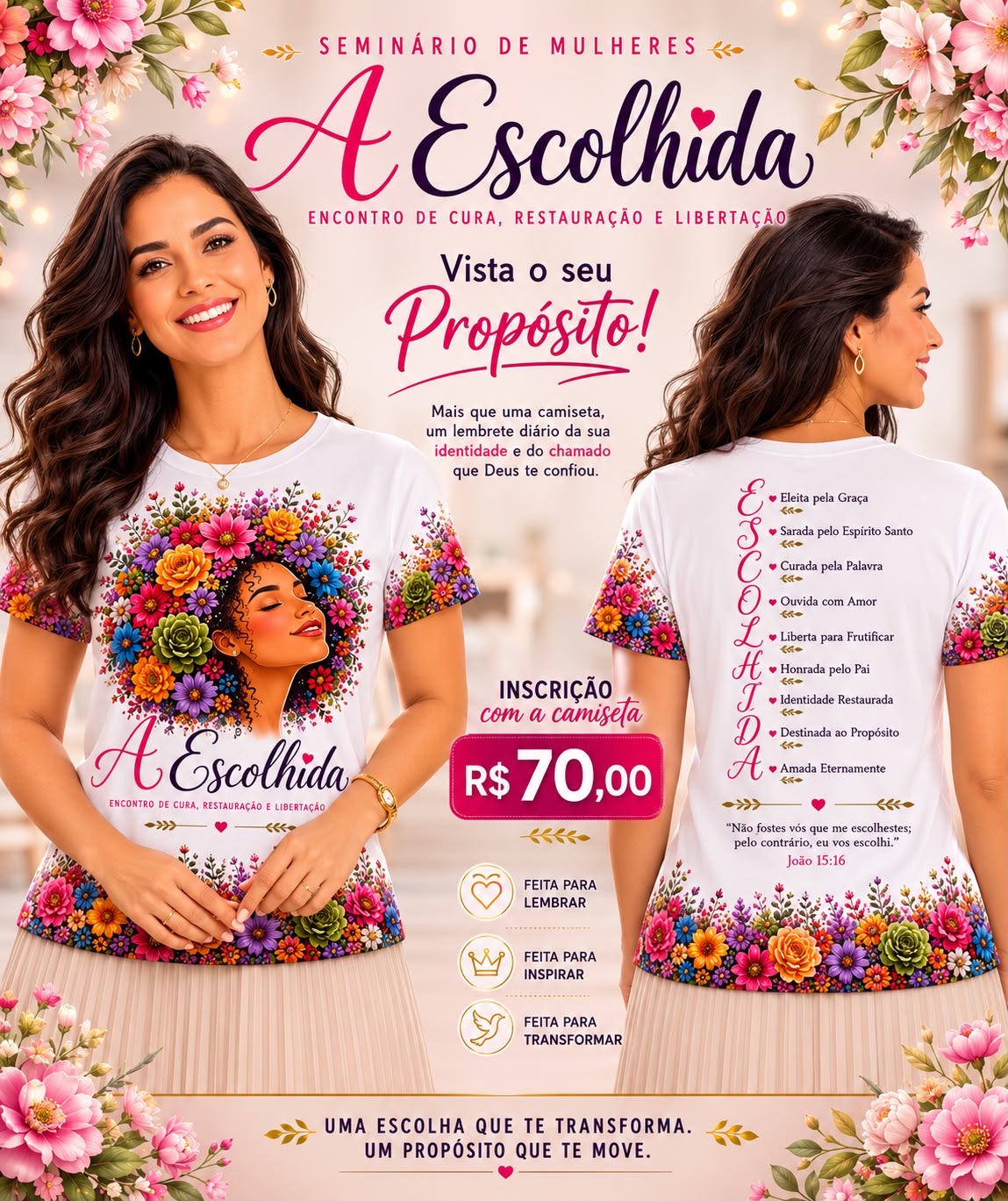 Camisa oficial do evento A Escolhida — frente e costa